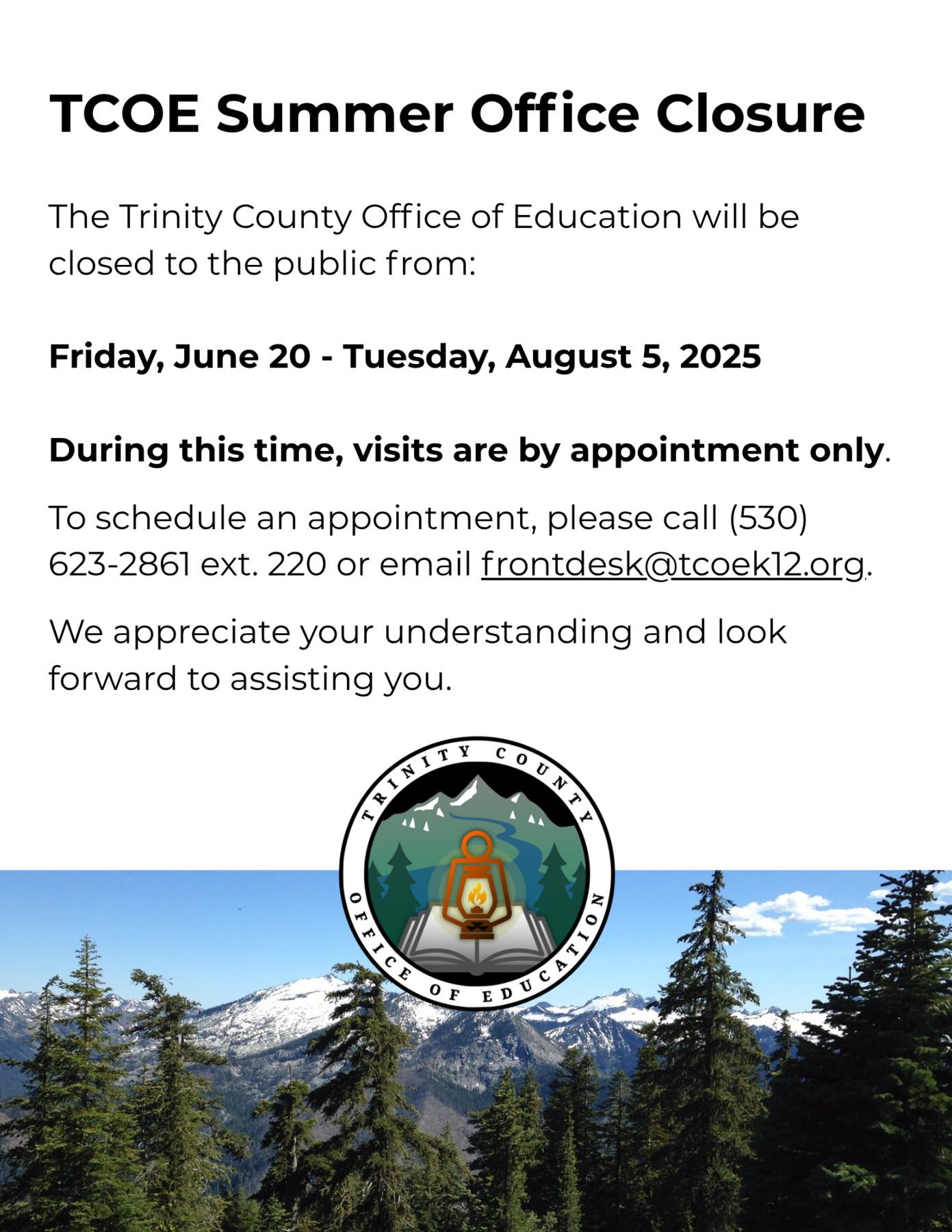 TCOE Summer Office Closure